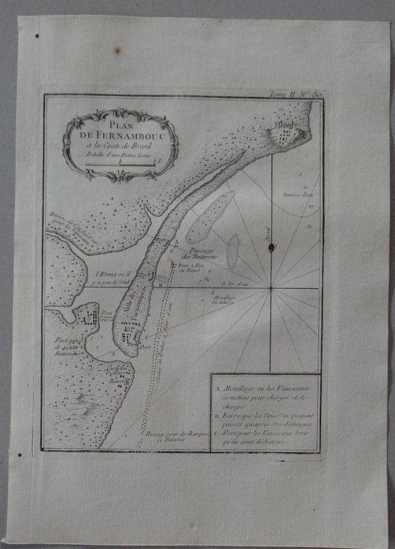 Mapa de las ciudades y puertos de Recife y Olinda ( Pernambuco,Brasil), 1764. Bellin