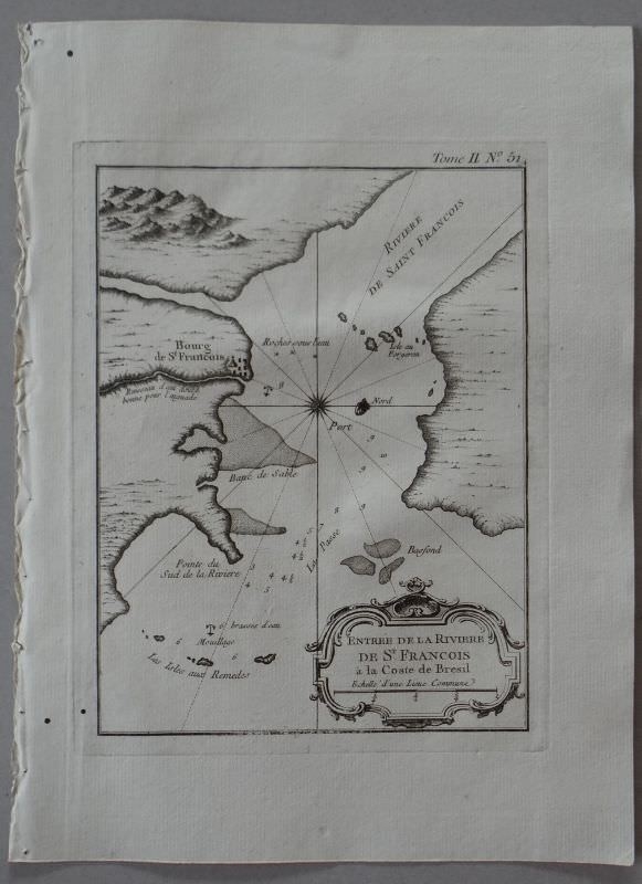 Mapa de la desembocadura del río San Francisco( Sergipe-Alagoas, Brasil), 1764. Bellin