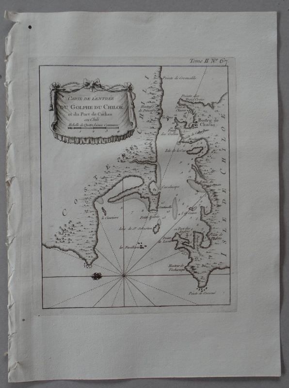 Mapa del golfo de Chiloé  y puerto de Cachao, ( Chile, América del Sur),1764. Bellin