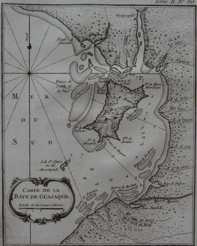 Mapa de la bahía de Guayaquil (Ecuador, América del sur), 1764. Bellin