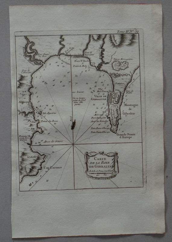 Mapa de la bahia y ciudad de Gibraltar ( sur de España) 1764. Bellin