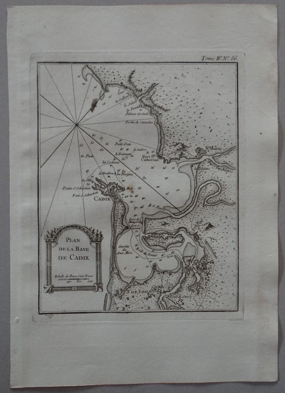Mapa de la bahía y puerto de la ciudad de  Cádiz ( Andalucía, España), 1764. Bellin
