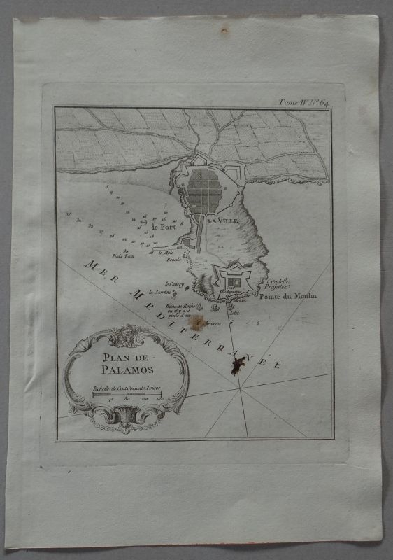 Mapa de ciudad y puerto de Palamós (Gerona-Girona, España), 1764. Bellin