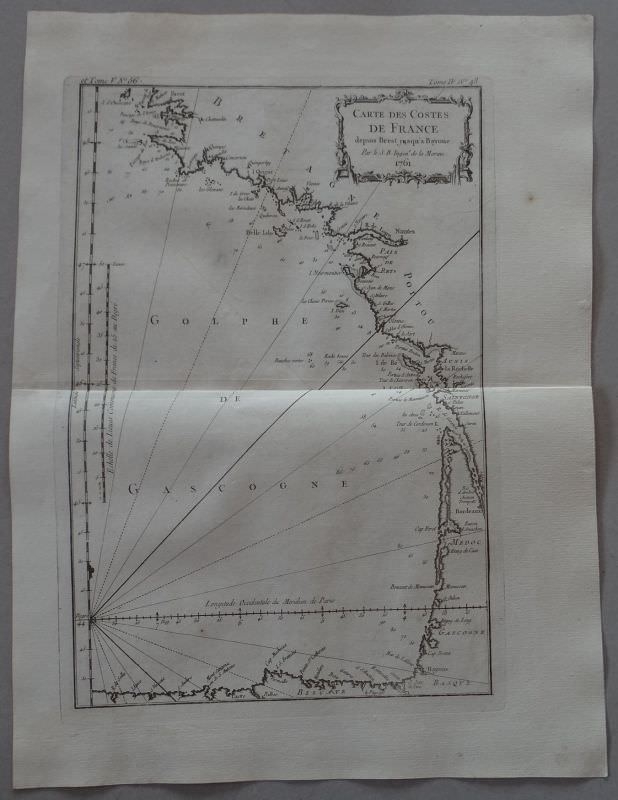 Mapa del litoral occidental de Francia y norte de España, 1764. Nicolas Bellin