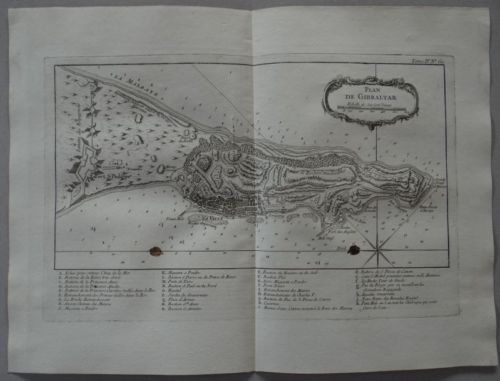 Vista y plano del puerto y bahia de Gibraltar ( sur de España), 1764. Bellin