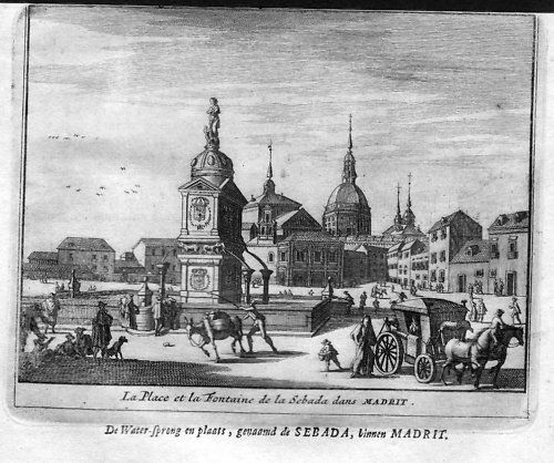 Vista de la antigua  Plaza de la Cebada (Madrid, España), 1707. Van der Aa/ Colmenar