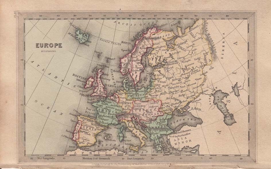 Mapa de Europa, 1834. Starling/Bull