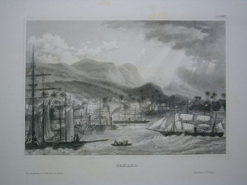 Vista del puerto de Panamá (América central), circa 1850. Ins. Hildburghausen