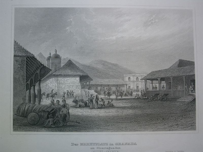 Plaza del Mercado de Granada en Nicaragua, America central, hacia 1850. Ins. Hildburghausen