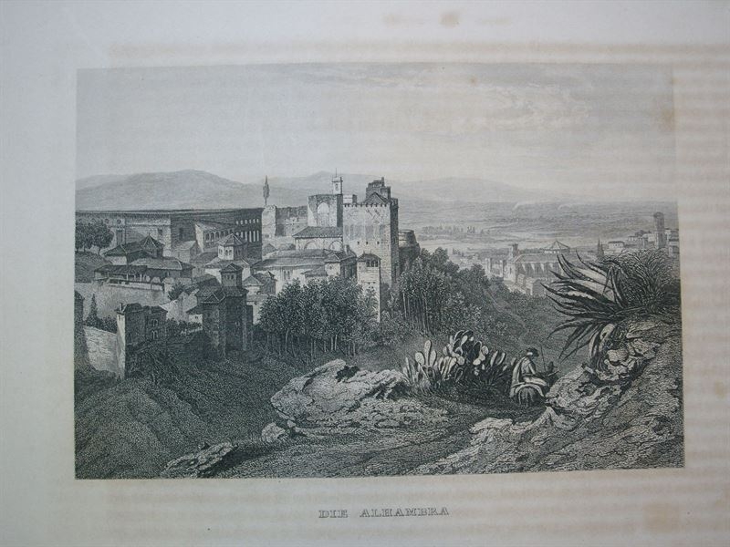 Vista panorámica de la Alhambra (Granada, España), circa 1850. Ins. Hildburghausen