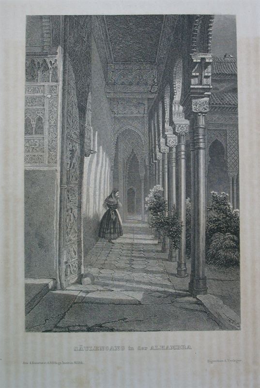 Vista del interior de la Alhambra de Granada, Andalucia (España), circa 1850. Ins. Hildburghausen