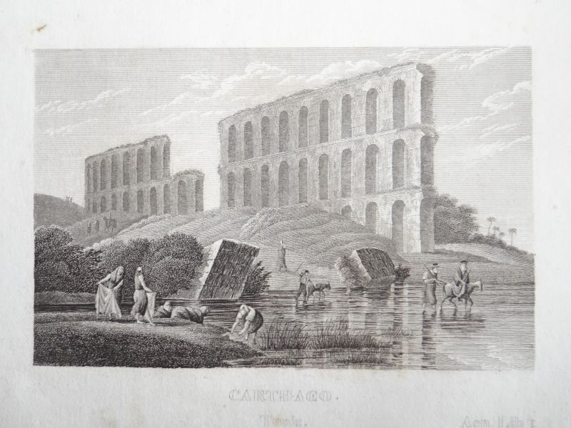 Antigua vista de ruinas arqueológicas en la ciudad de Cartago (Túnez, África), ca. 1850. Anónimo