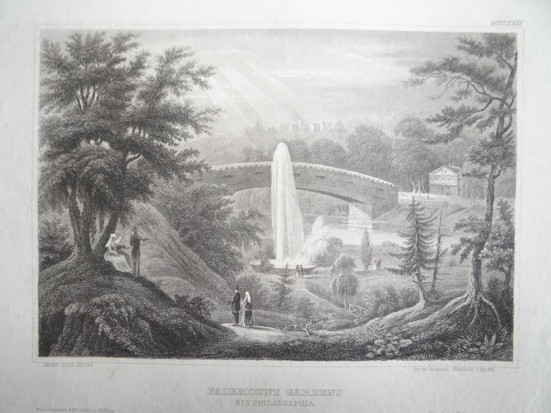 Jardines Fairmount de Filadelfia, Estados Unidos de América, ca. 1850. Ins. Hildburghausen/Meyer
