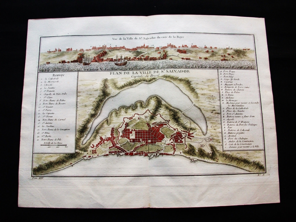 Mapa y vista panorámica de San Salvador de Bahía (Brasil, América del sur), 1754. Bellin/Prevost