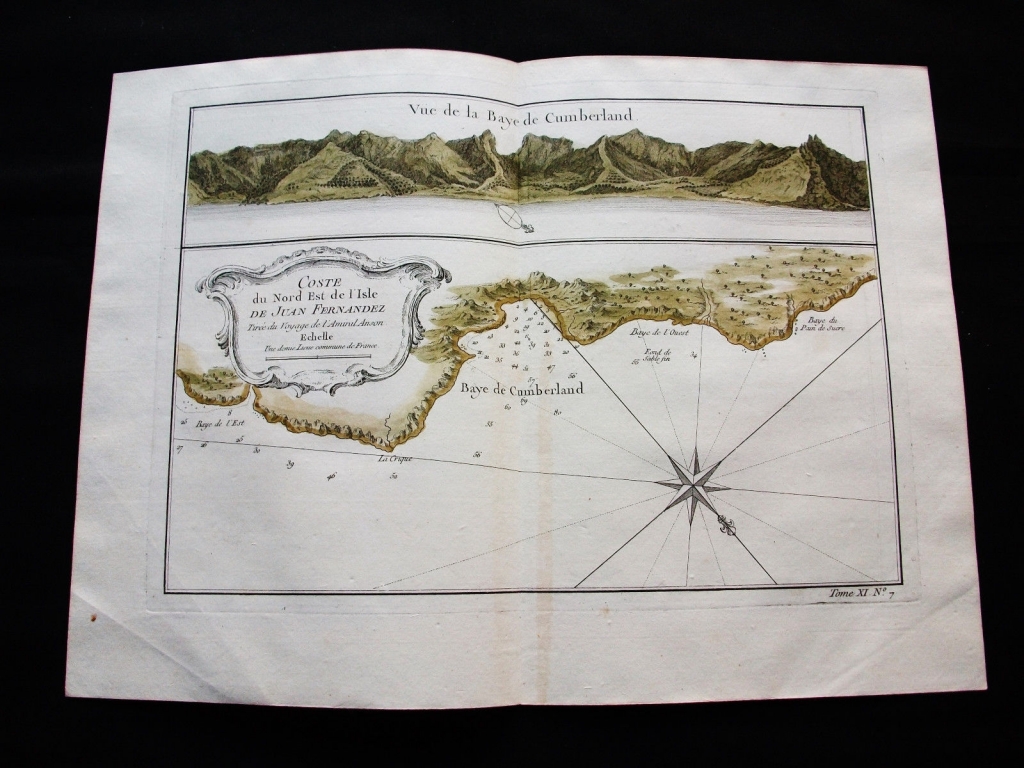 Mapa de la bahia de Cumberland y costa norte de la Isla de Juan Fernández (Chile), 1754. Bellin/Prevost