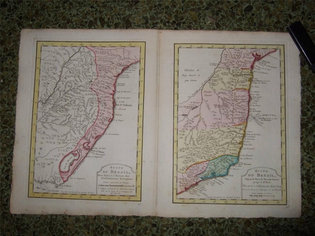Dos mapas del litoral oriental de Brasil (América del sur), circa 1770. Anville/Bellin/Krevelt