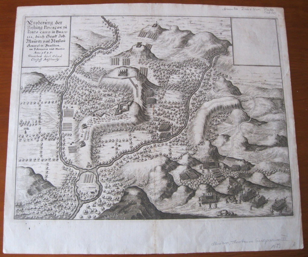 Vista de la fortaleza Puerto Calvo y su entorno (Alagoas, Brasil, América del sur), 1639. M. Merian
