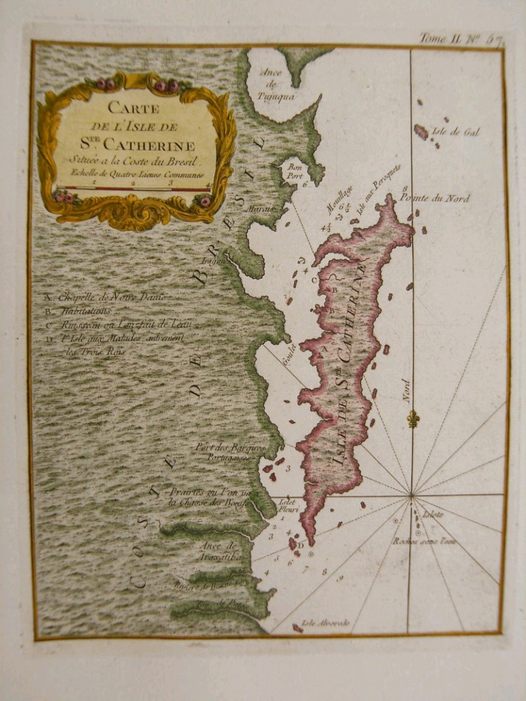 Mapa de la isla de Santa Catarina (sur de Brasil), 1764. Nicolas Bellin