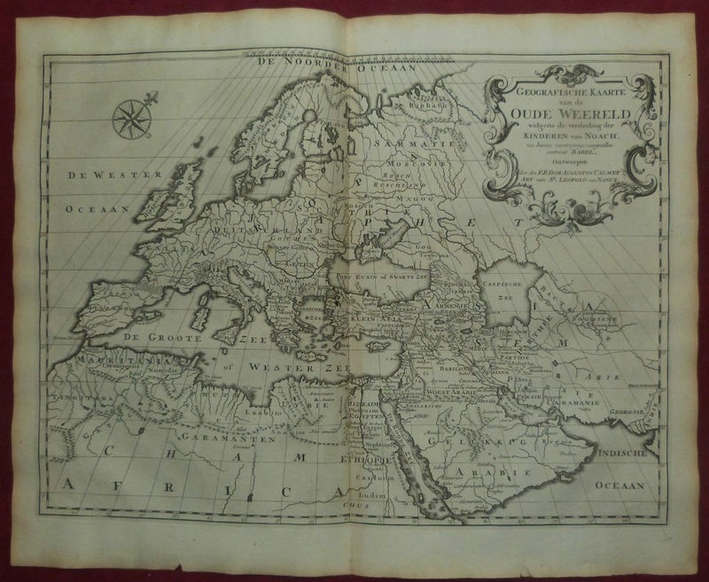 Gran mapa del mundo antiguo según la Biblia, ca. 1727. A. Calmet/Gargon/Luchtmans and Wetstein
