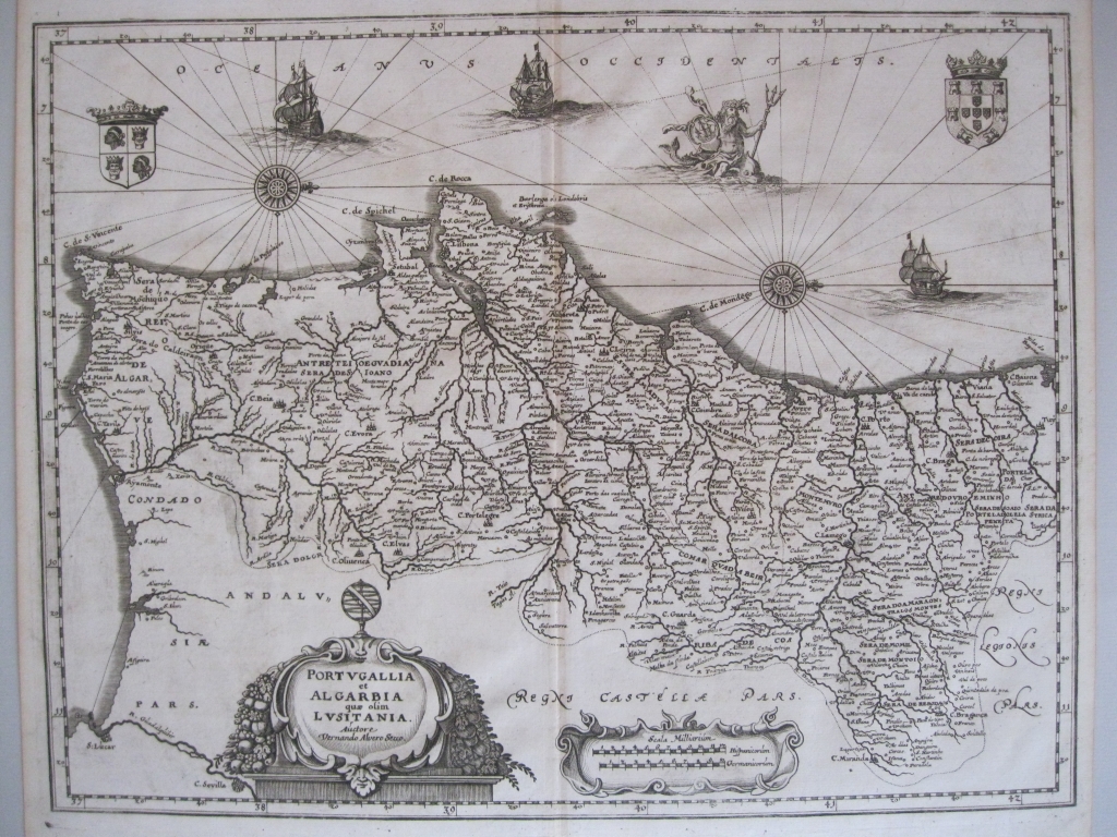Antiguo mapa de Portugal, 1717. Merian/Alvarez Seco