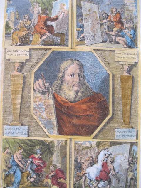 Retrato y escenas del pintor griego Apeles, 1679. Sandrart