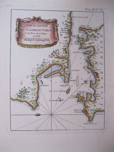 Mapa del golfo de Chiloé y puerto de Cachao, ( Chile, América del Sur),1764. Bellin