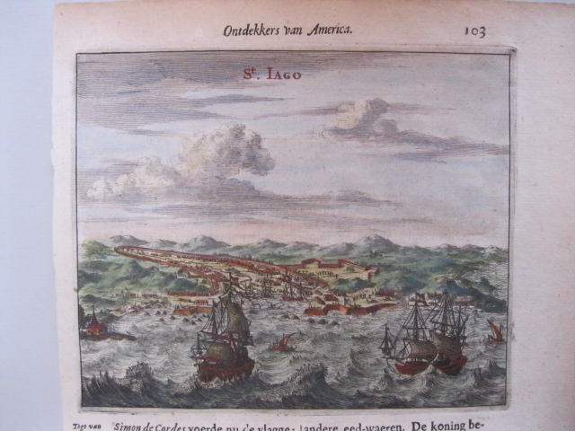 Vista del puerto y ciudad de Santiago de Cuba ( Mar Caribe, América ), 1671. Montanus/Meurs