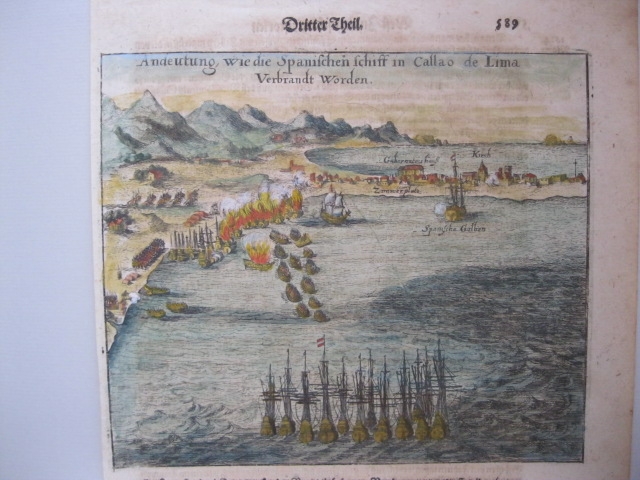 Vista del puerto de El Callao de Lima (Perú, América del Sur)1655. Merian/Gottfried