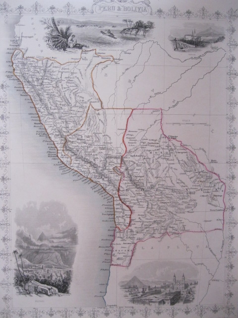 Mapa de Perú y Bolivia (América del Sur), 1851. Tallis/Rapkin