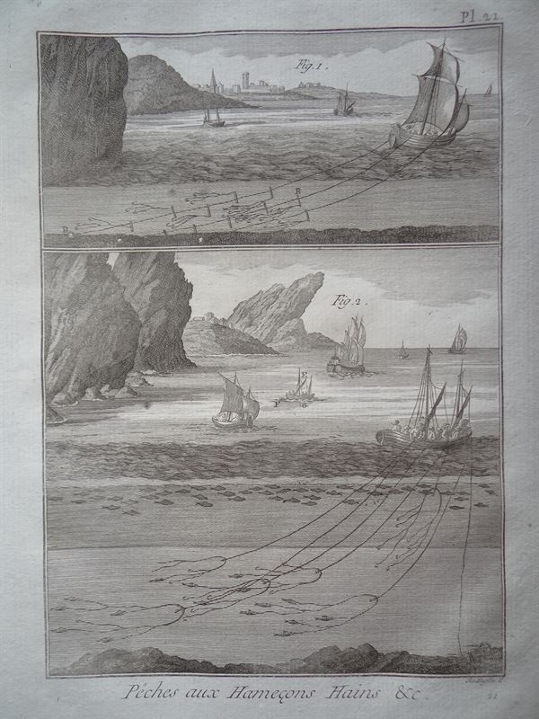 Pesca de mar. Pesca con anzuelo I, 1780. Panckoucke/Bernard/Diderot