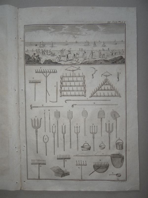 2 hojas de grabados de pesca de mar. Pesca artesanal I, 1773. Daniel Schreber/Philippin/Kanter