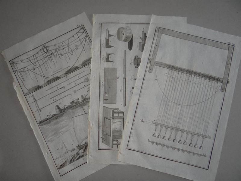 3 hojas con grabados de pesca de mar. Fabricación y utensilios, 1773. Daniel Schreber/Philippin/Kanter