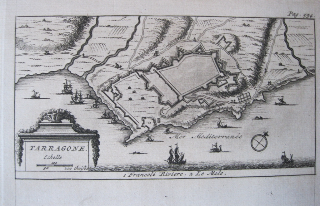 Mapa y plano de la ciudad de Tarragona (España), 1707. Pieter Van der Aa