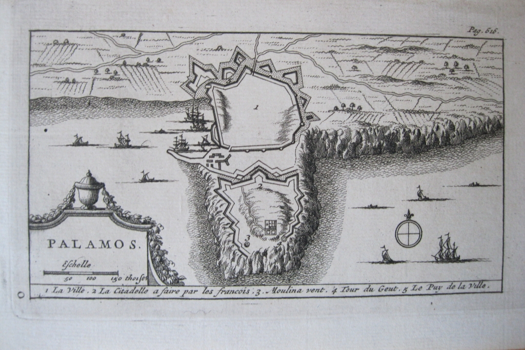 Mapa y plano de la ciudad de Palamós, Gerona (Cataluña, España), 1707. Pieter Van der Aa