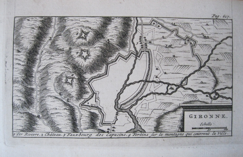 Plano de la ciudad de Gerona (Cataluña, España), 1707. Pieter Van der Aa