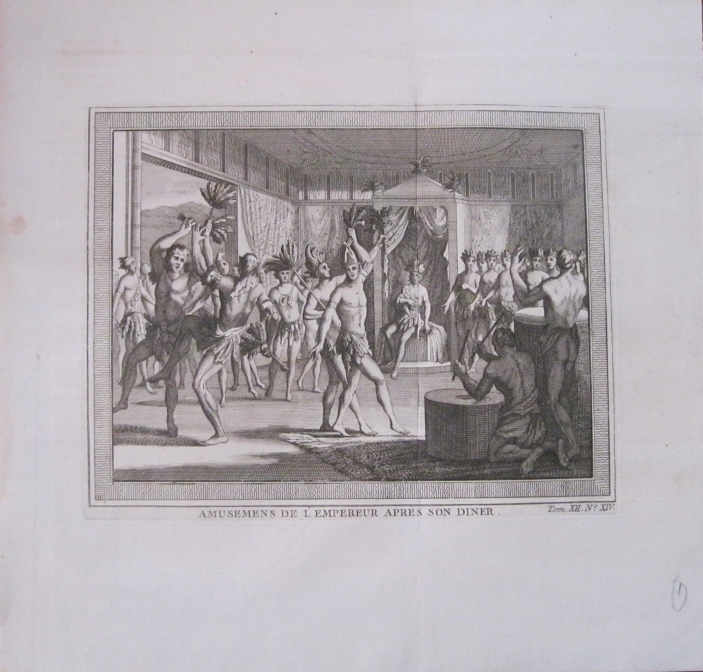 Danza ritual después del banquete imperial azteca (México, América), 1754. N. Bellin/ A. Prevost