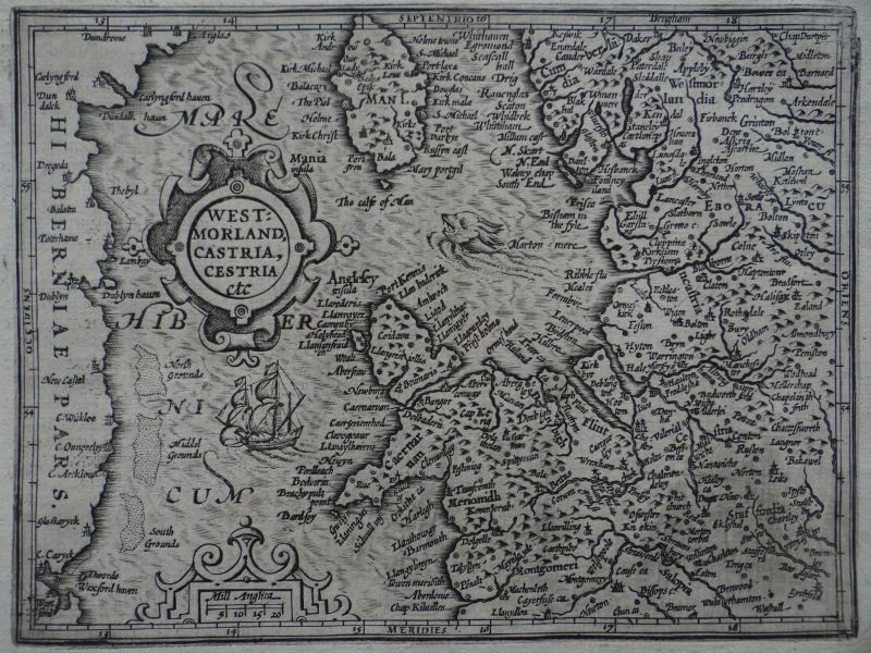 Mapa de Westmorland, Castria, Cestria...(Reino Unido, Europa), 1609. Mercator/Hondius