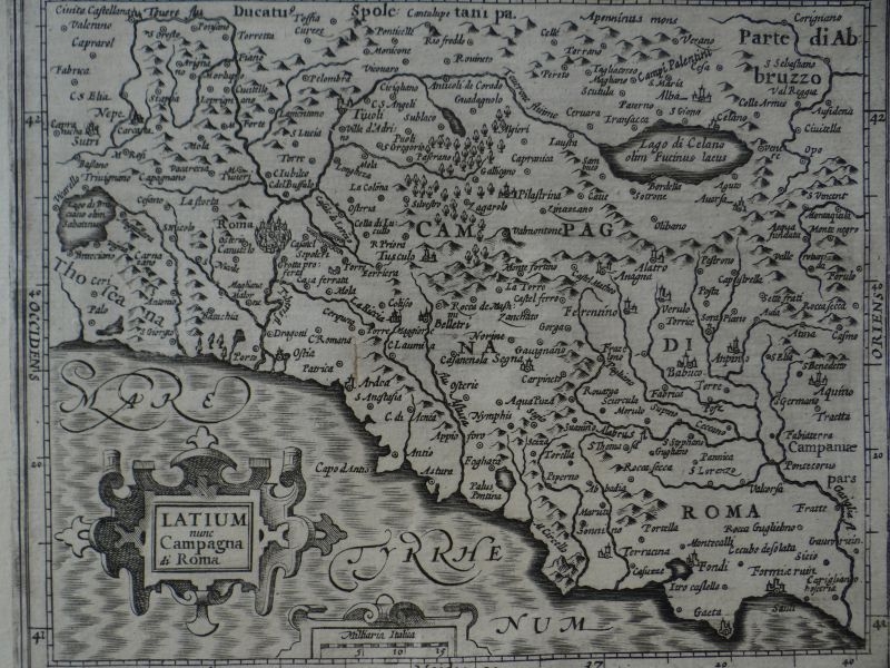 Mapa de la Campania, Lacio y  Roma (Italia, Europa), 1609. Mercator/Hondius
