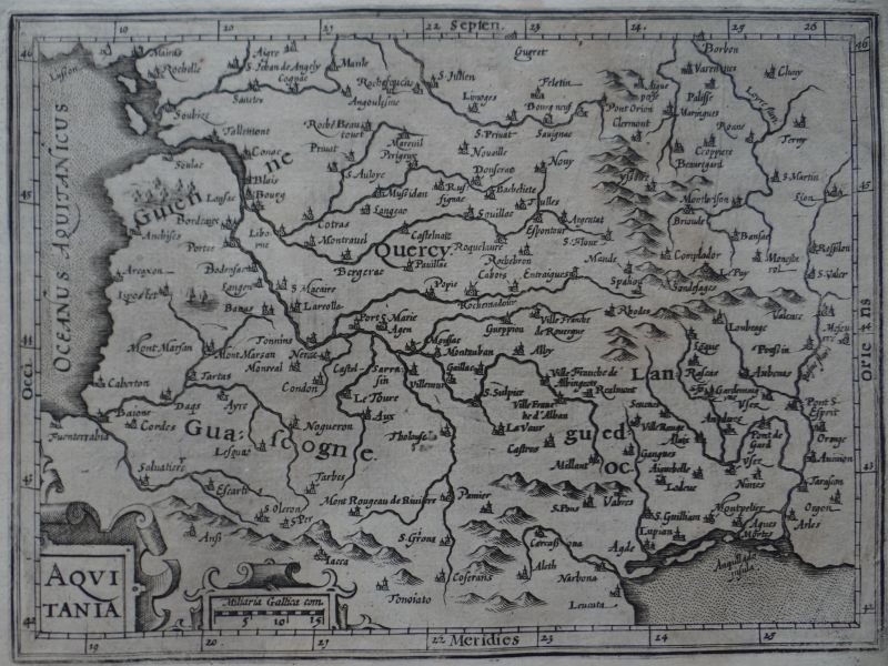 Mapa de Aquitania, en el sur de Francia (Europa), 1609. Mercator/Hondius