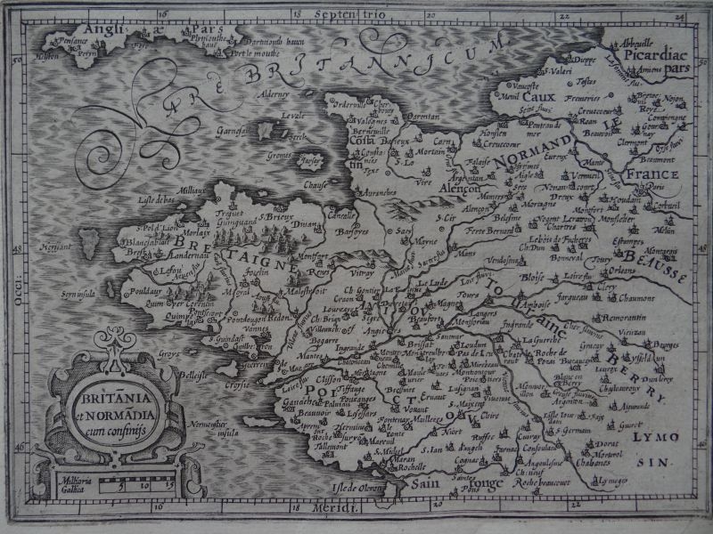 Mapa de Bretaña y Normandia ( Occidente de Francia, Europa), 1609. Mercator/Hondius