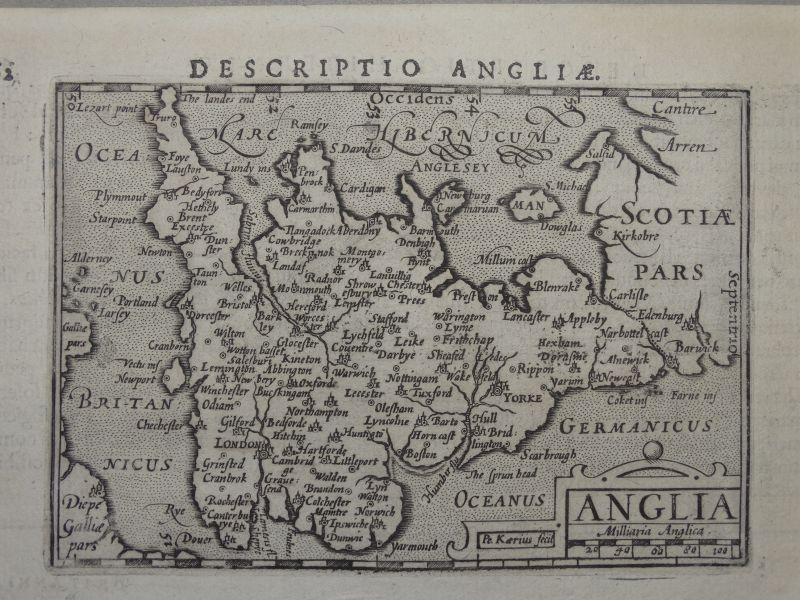 Antiguo mapa de Inglaterra (Reino Unido, Europa), 1606. Bertius