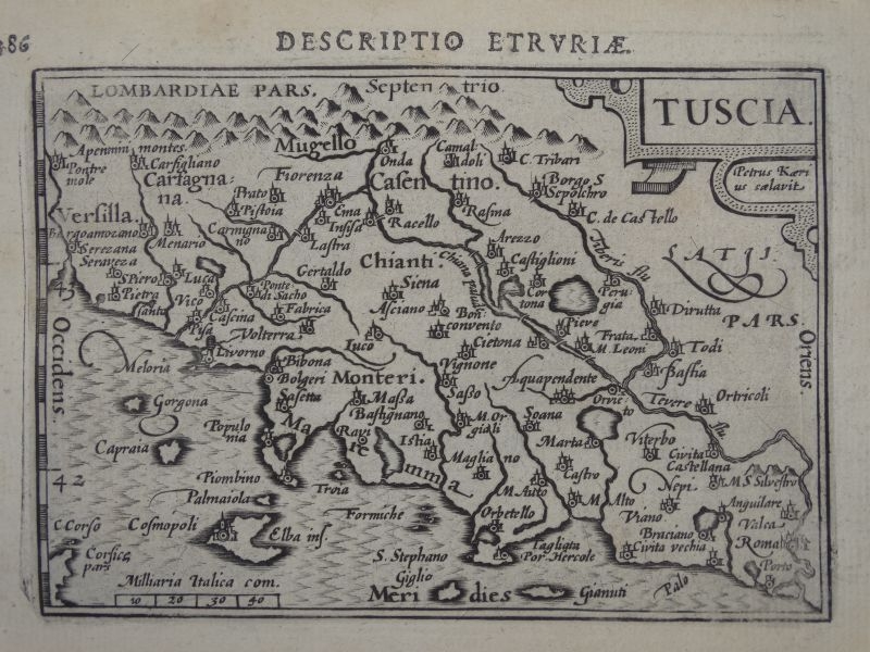 Antiguo mapa de la Toscana (Italia, Europa), 1606. Bertius