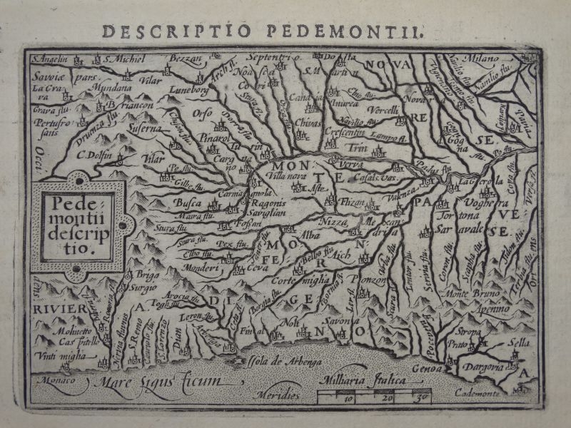 Antiguo mapa de Piemonte (Italia, Europa), 1606. Bertius