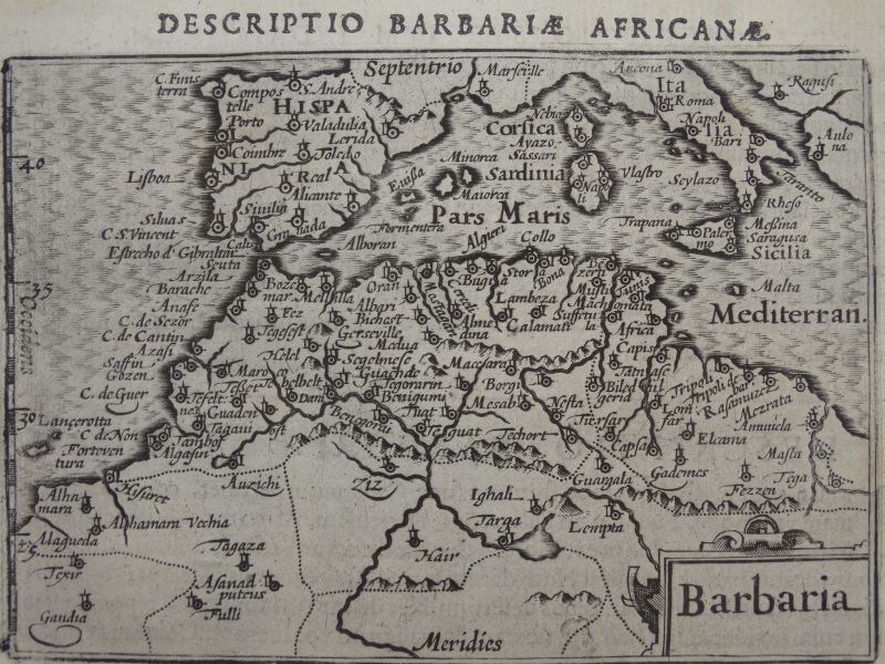 Antiguo mapa de España y el norte de África, 1606. Bertius