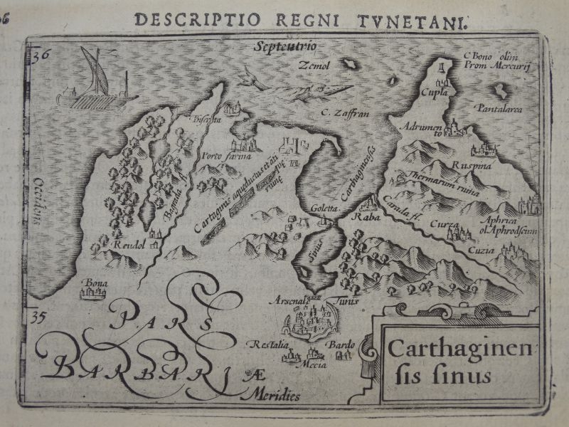 Antiguo mapa de la ciudad de Cartago( Túnez, África), 1606. Bertius