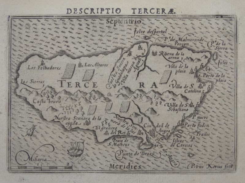 Antigo mapa de la isla Terceira (Azores, Portugal), 1606. Bertius