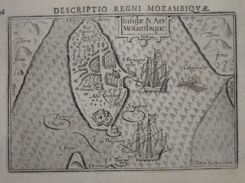 Antiguo mapa de la Isla de Mozambique, Mozambique (África), 1606. Bertius