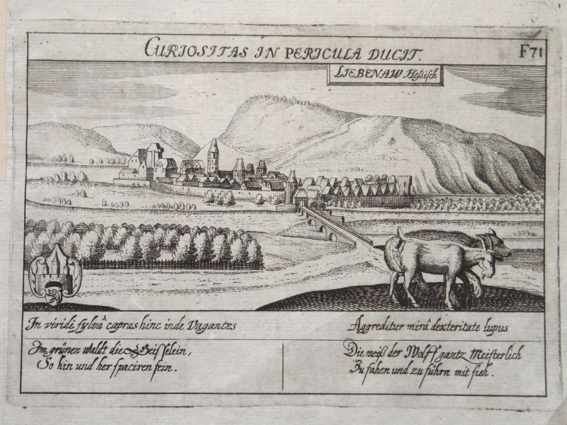 Antigua vista de la ciudad de Liebenau (Hesse, Alemania), 1630. Daniel Meisner