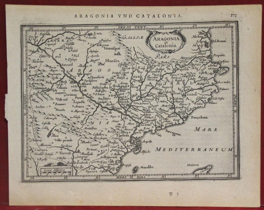 Mapa de Aragón, Cataluña  y Valencia (España), 1640. Mercator/Hondius/Jansonius/Tavernier