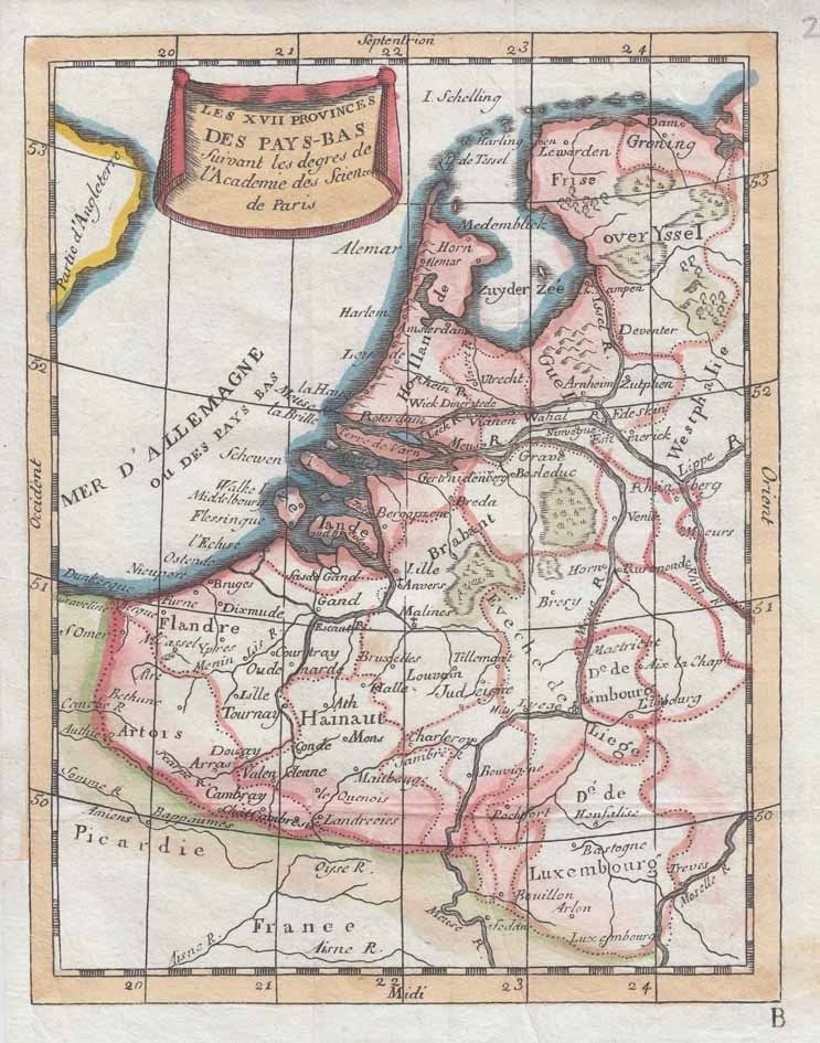 Mapa de los antiguos Paises Bajos (Europa), 1772. Buffier